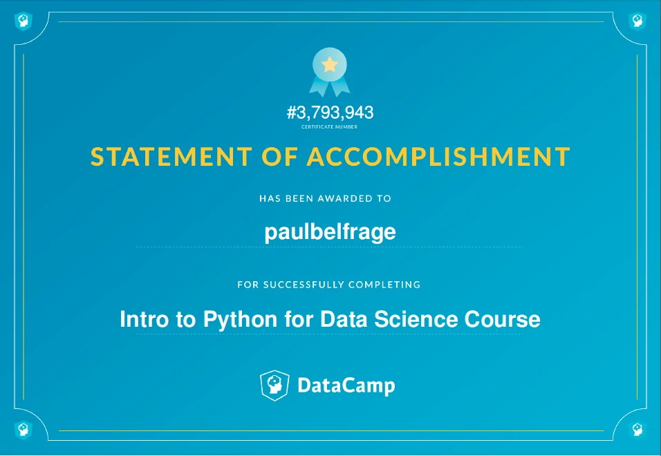 Intyg från webbkursen Intro to Python for Data Science